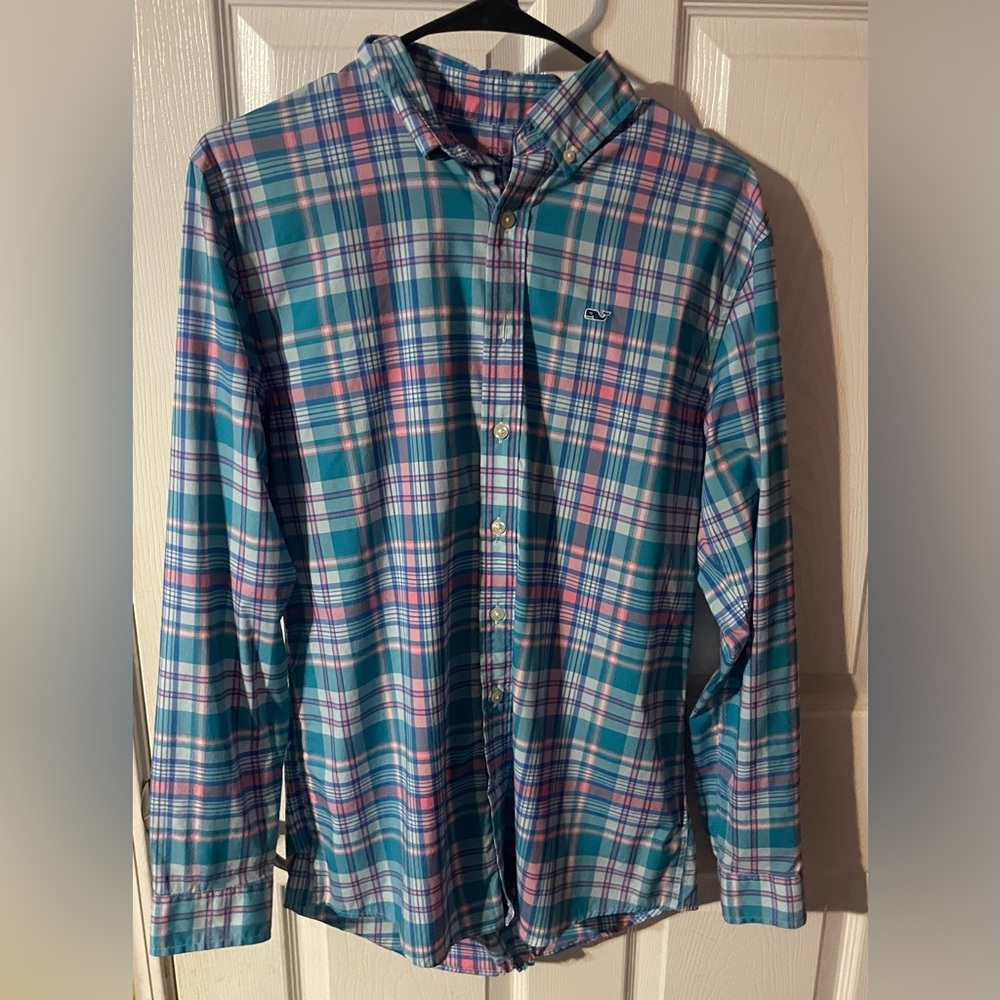 Vineyard Vines‎ Performance Shirt Boys XL Blue Pink Plaid Button Down Stretch